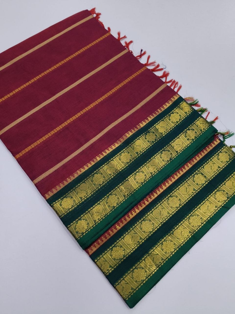 Cherry Red Kanchi Cotton Saree with Zari Border